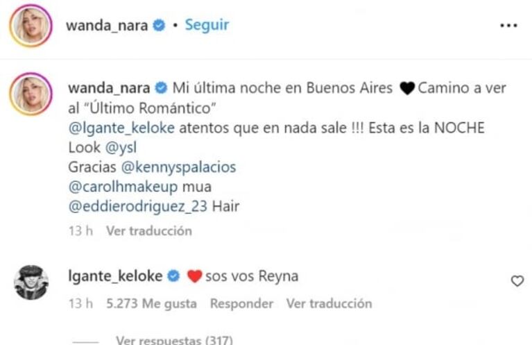 Cariñoso comentario de L-Gante en la foto más sensual de Wanda Nara: "Sos vos, reina"