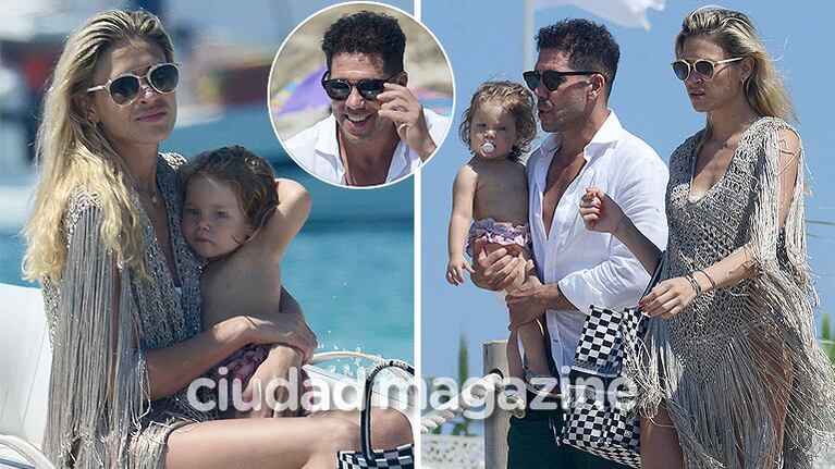 Carla Pereyra, el Cholo Simeone y Francesca, de vacaciones familiares en Formentera. (Foto: Grosby Group)