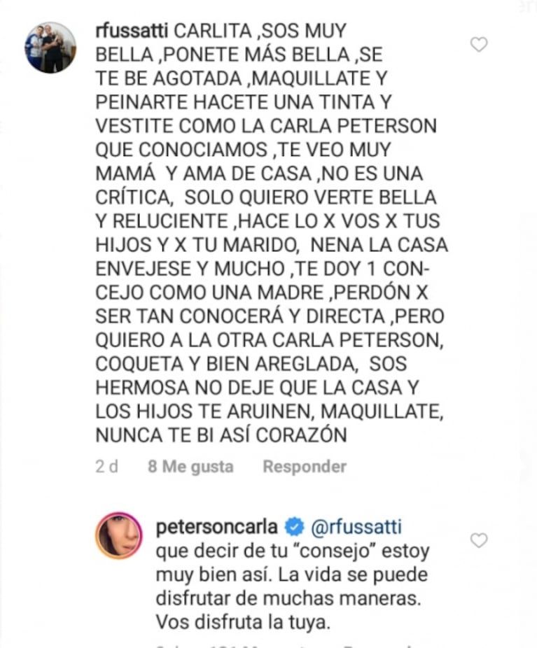 Carla Peterson le respondió a una mujer que la criticó por ser 'muy mamá y ama de casa': "Estoy muy bien así"
