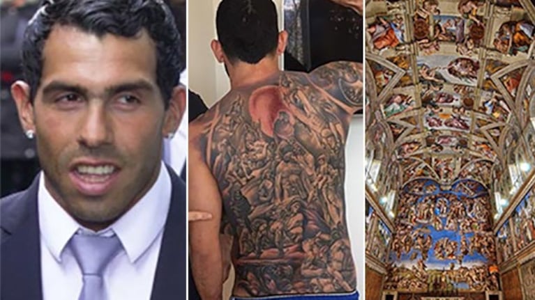 Carlos Tevez se tatuó un fresco de la Capilla Sixtina en su espalda. (Fotos: Web y Twitter)