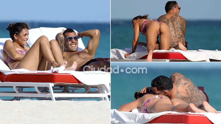 Carlos Tevez y su mujer, lomazo y mimitos al sol. (Foto: Grosby Group)