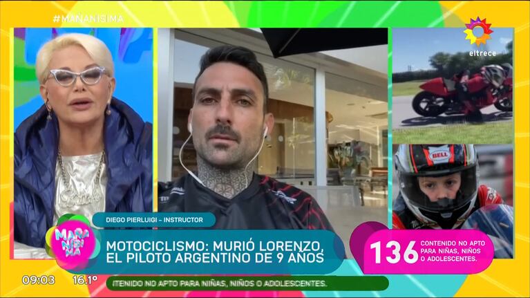 Carmen Barbieri, conmocionada por la trágica muerte del motociclista Lorenzo Somaschini, de 9 años