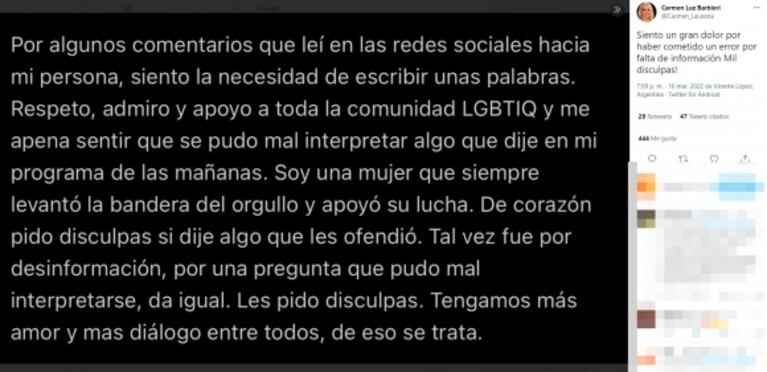 Carmen Barbieri se quebró en su profundo pedido de disculpas a la comunidad LGBTIQ: "Estoy tan triste; tengo que aprender"