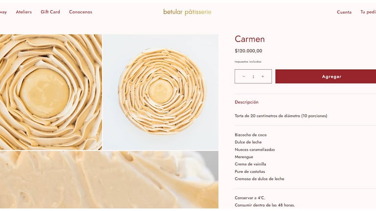 Carmen, la torta de 120 mil pesos de Damián Betular. Captura: Betular Patisserie.