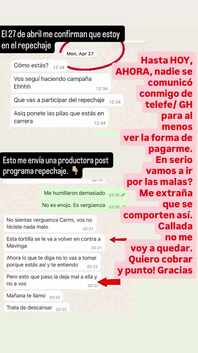 Carmiña Masi expuso a la producción de Gran Hermano Generación Dorada.