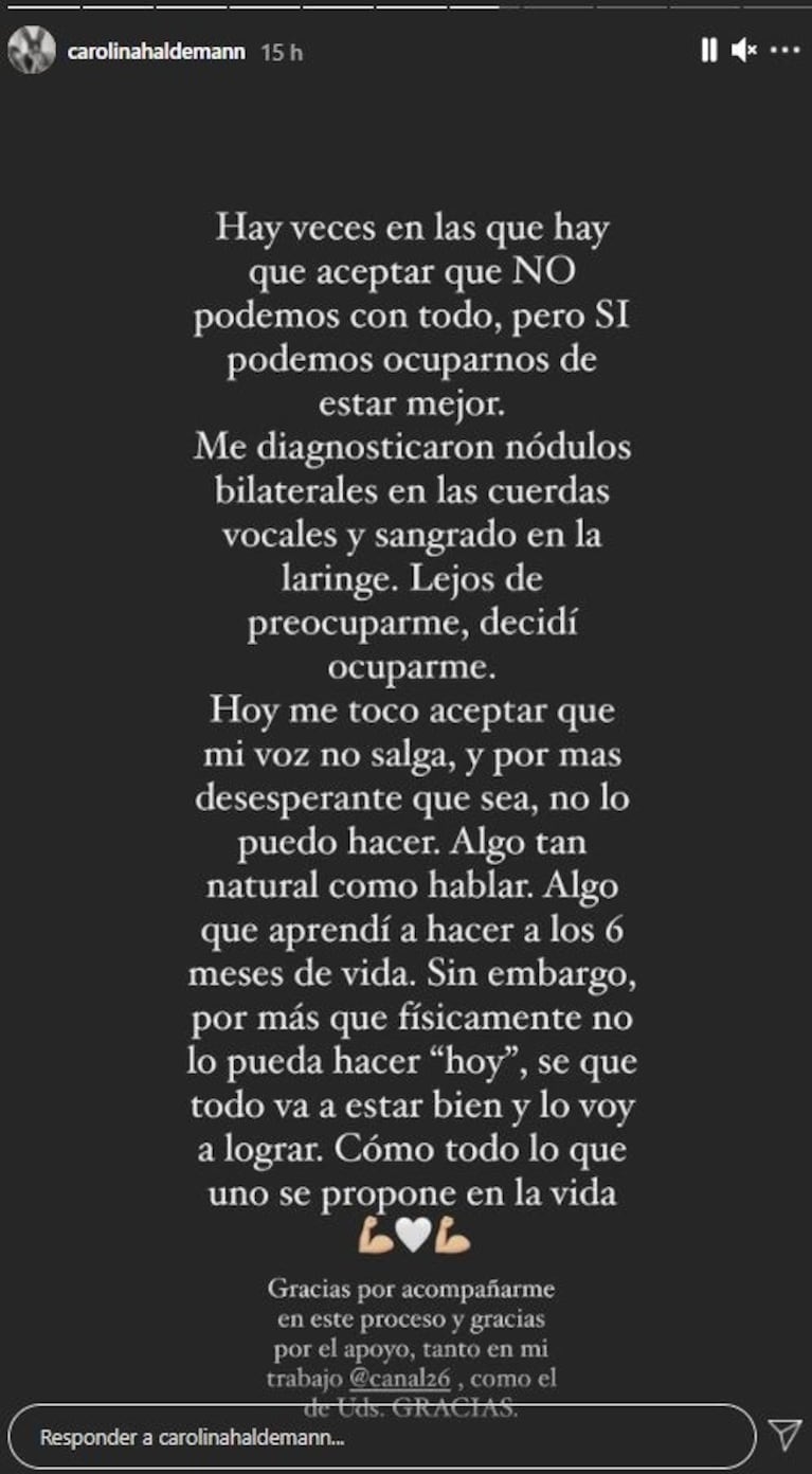 Carolina Haldemann contó el problema de salud que padece y que la dejó sin voz: "Tengo nódulos en las cuerdas vocales y sangrado en la laringe"