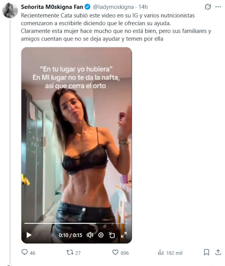 Catalina Gorostidi explotó contra nutricionistas que le ofrecieron ayuda (captura de X)