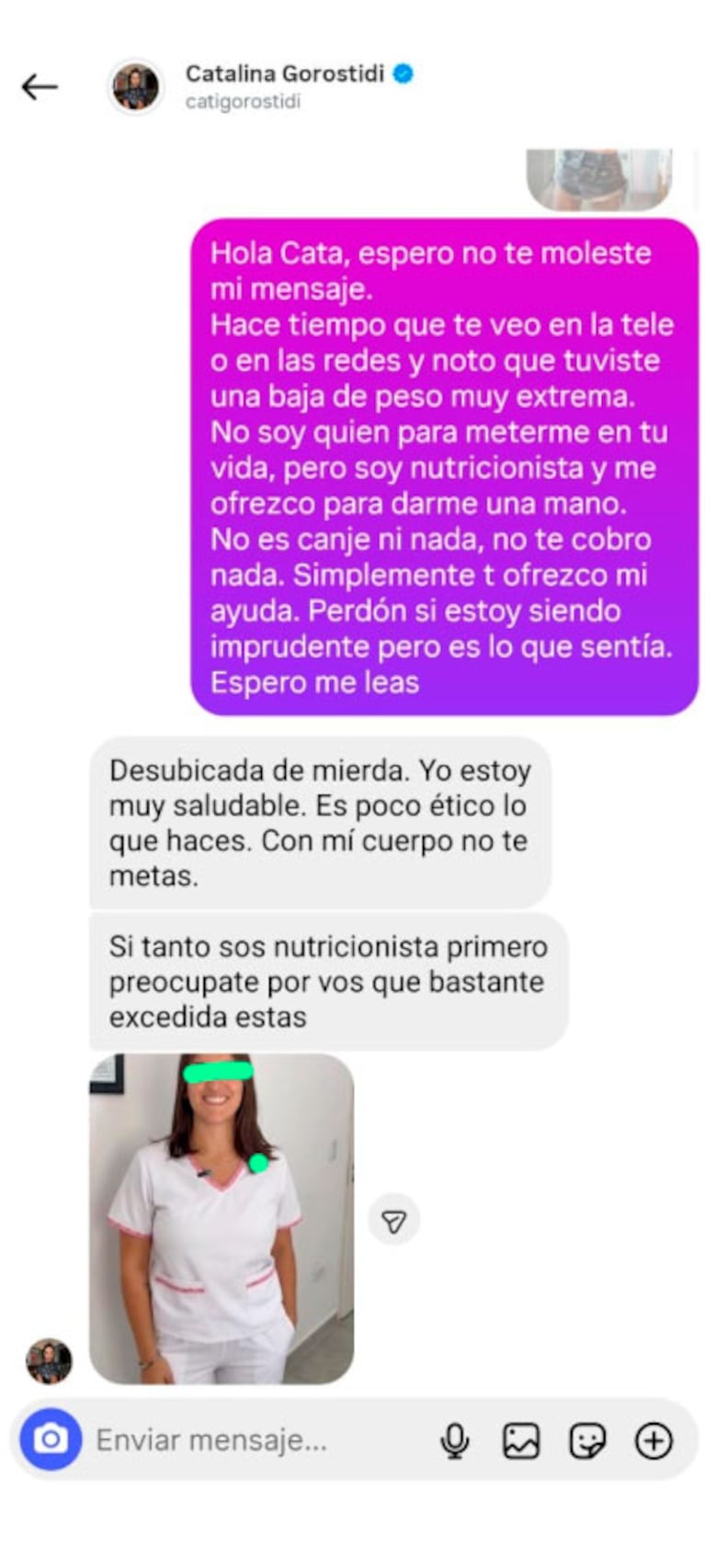 Catalina Gorostidi explotó contra nutricionistas que le ofrecieron ayuda (captura de X)