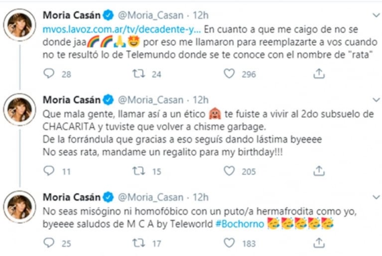 Catarata de explosivos tweets de Moria Casán contra Jorge Rial: "Seguís dando lástima, no seas rata"