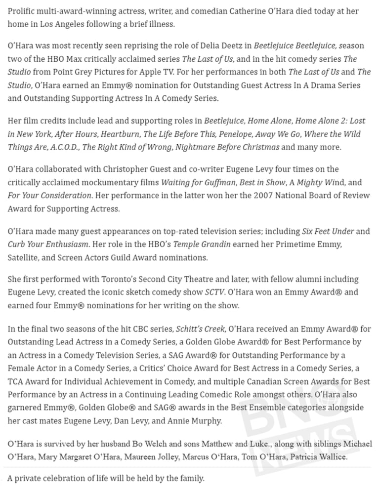 Catherine O' Hara: comunicado oficial
