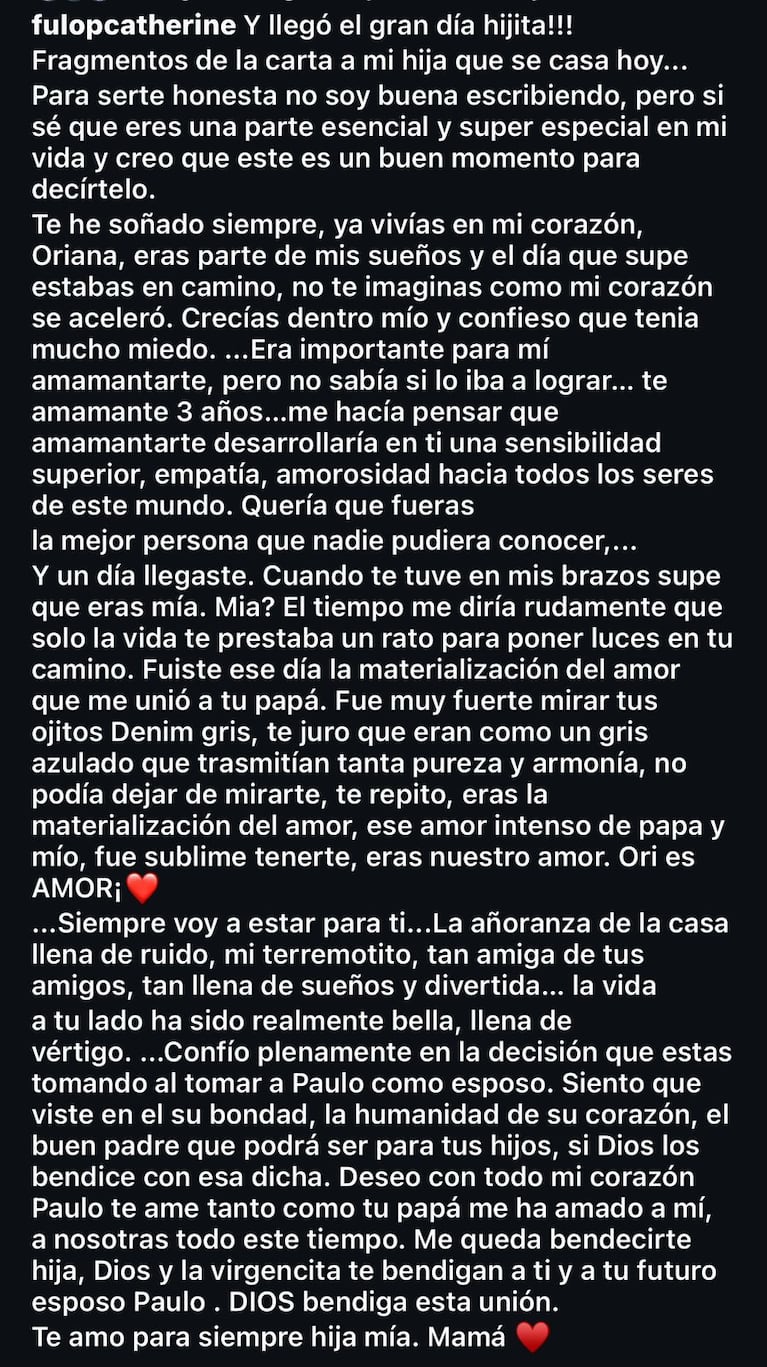 Cathy Fulop le dedicó un posteo a Oriana Sabatini en el día de su boda con Paulo Dybala.