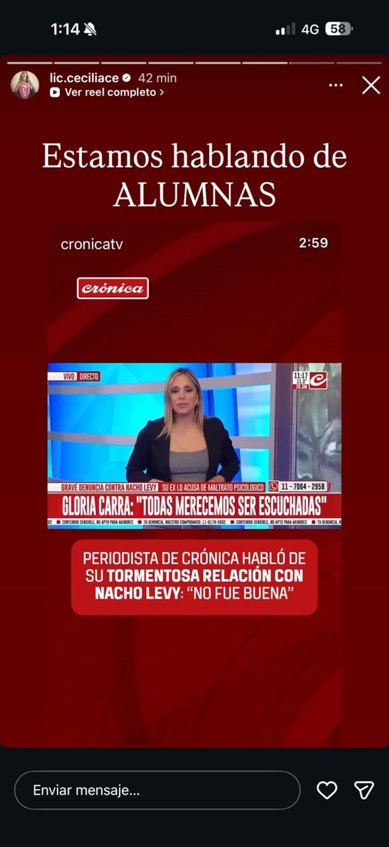 Cecilia Ce contra su ex haciendo referencia a las declaraciones de otra víctima (Foto: Instagram/@lic.ceciliace)
