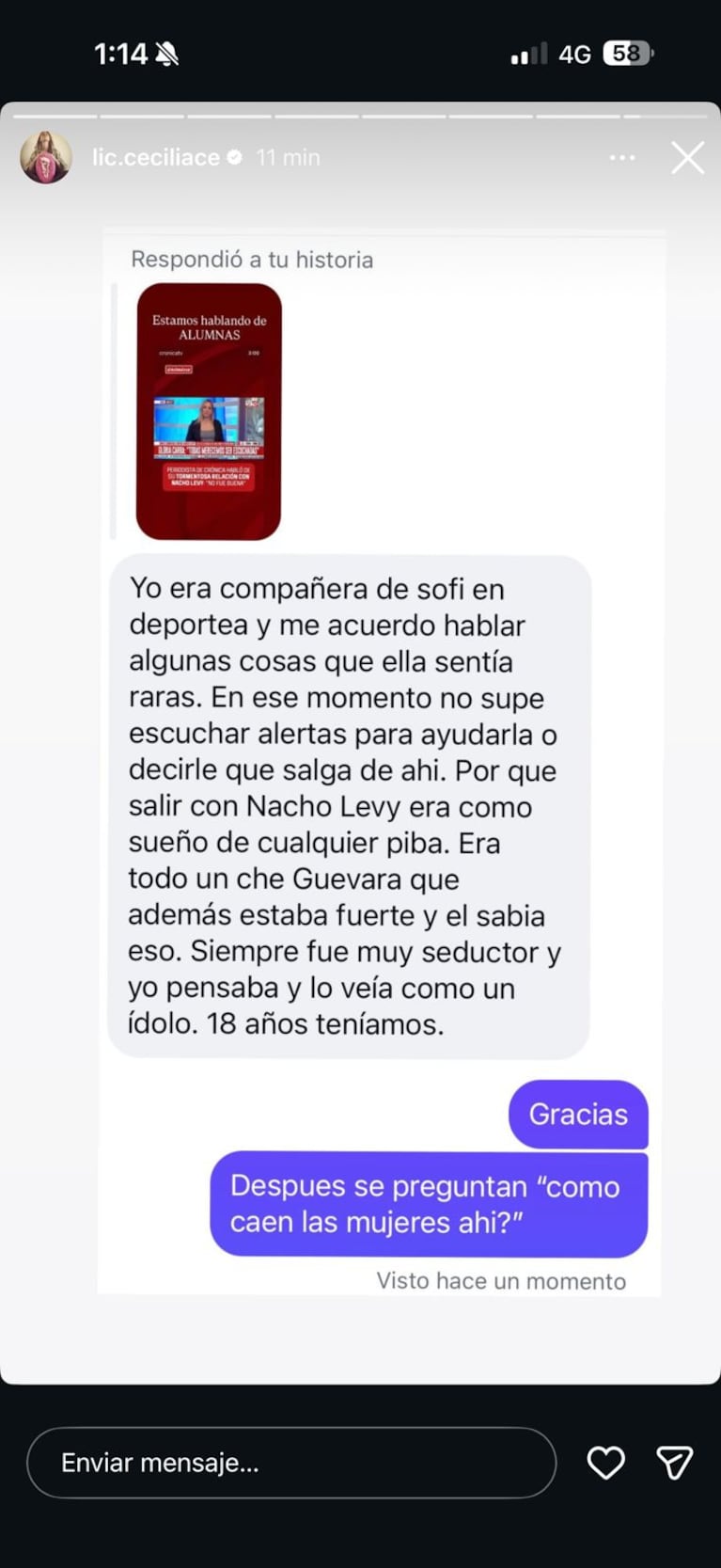 Cecilia Ce expone los dichos de una compañera de otra víctima de su ex (Foto: Instagram/@lic.ceciliace)
