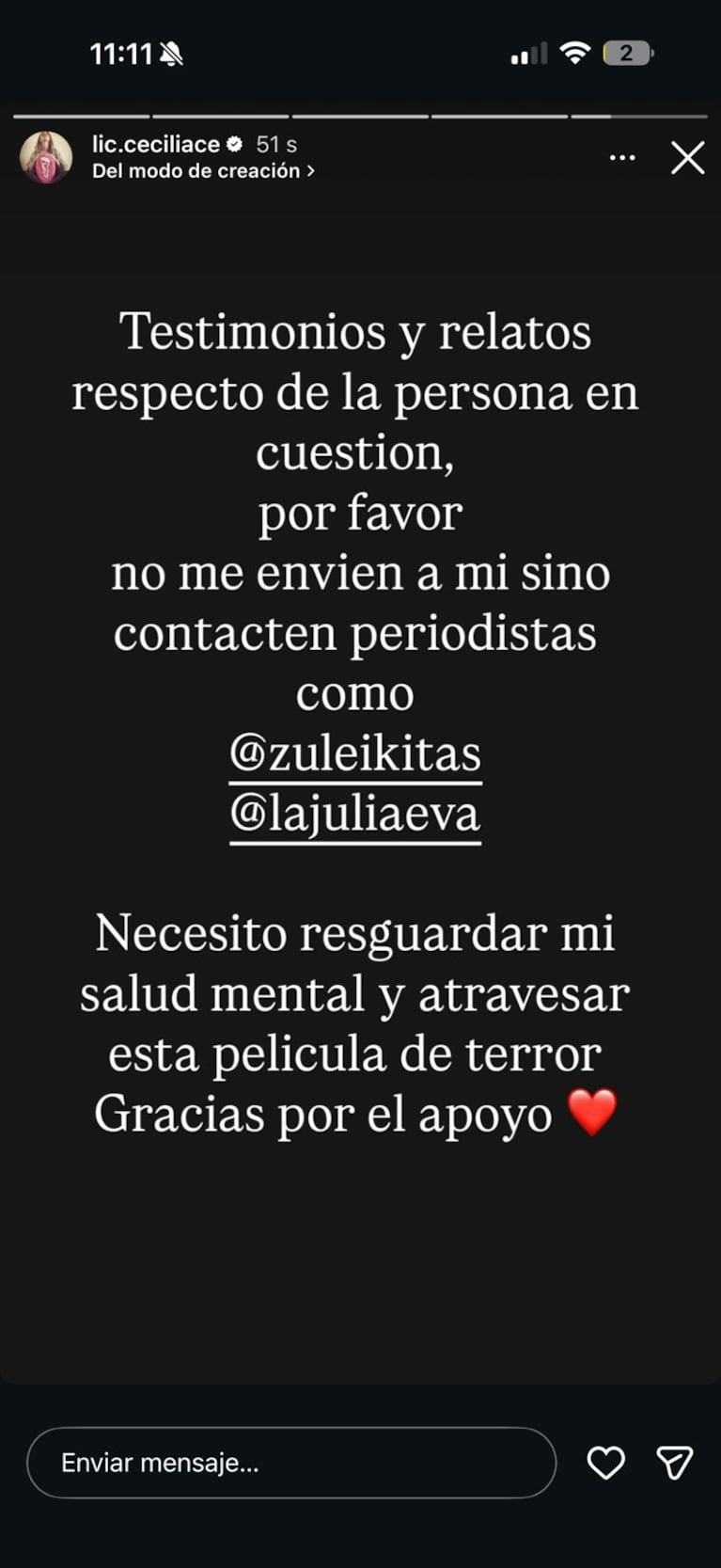 Cecilia Ce se despidió de las redes tras las denuncias contra Nacho Levy: su último mensaje. Crédito: Instagram