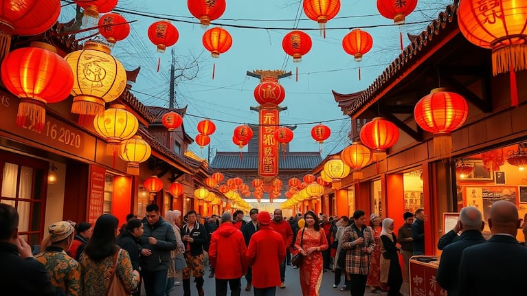 Celebración del Año Nuevo Chino con decoraciones tradicionales. (Foto: Imagen ilustrativa generada con IA)