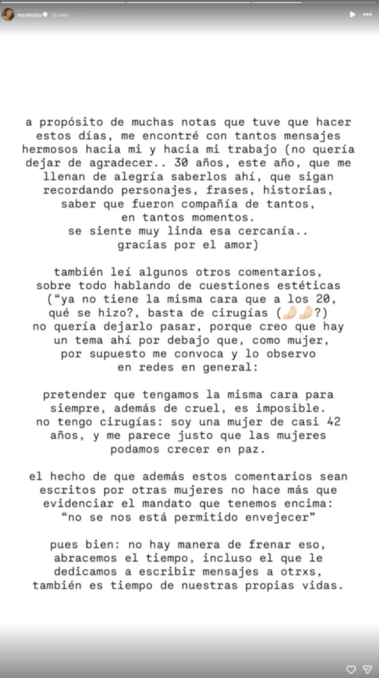 Celeste Cid contra los comentarios sobre su aspecto: “No tengo cirugías, soy una mujer de casi 42 años” | Créditos: Instagram @mcelestia