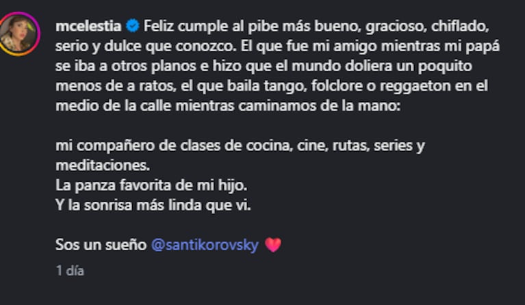 Celeste Cid emocionó a las redes con un romántico saludo a Santiago Korovsky por su cumpleaños. Crédito: Instagram