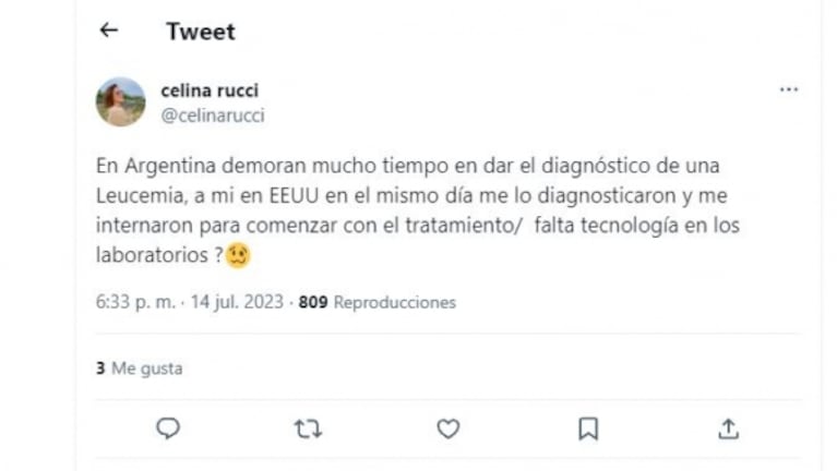 Celina Rucci criticó la demora en diagnosticar la leucemia en la Argentina
