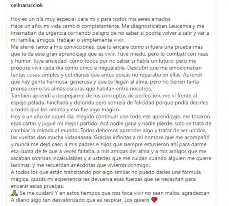 Celina Rucci criticó la demora en diagnosticar la leucemia en la Argentina