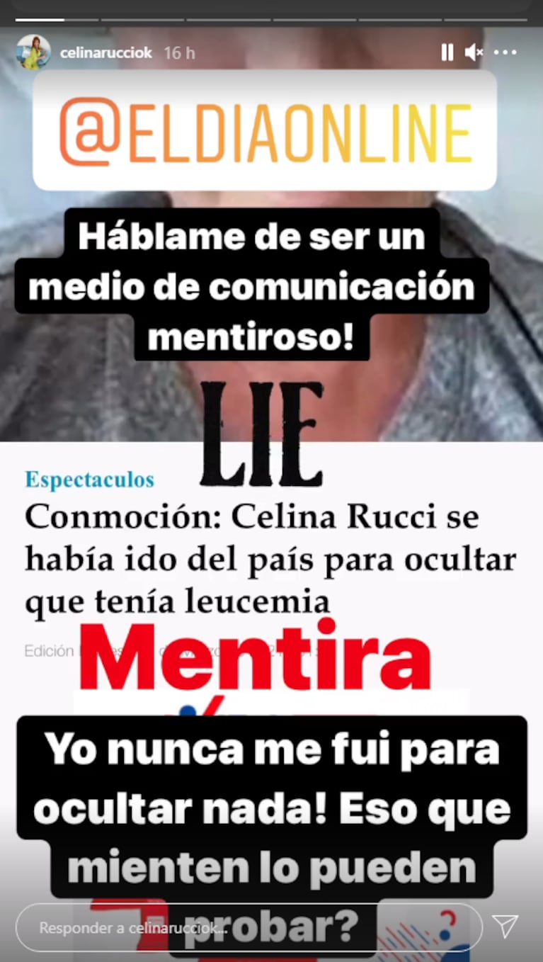 Celina Rucci estalló contra un medio que tituló que "se fue del país para ocultar su enfermedad": "¡Mentirosos!"