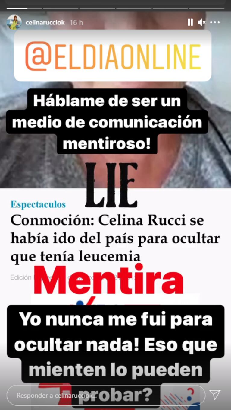 Celina Rucci estalló contra un medio que tituló que "se fue del país para ocultar su enfermedad": "¡Mentirosos!"