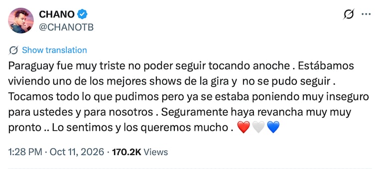 Chano se lamentó por la cancelación de su show en Asunción, Paraguay (Captura: X)