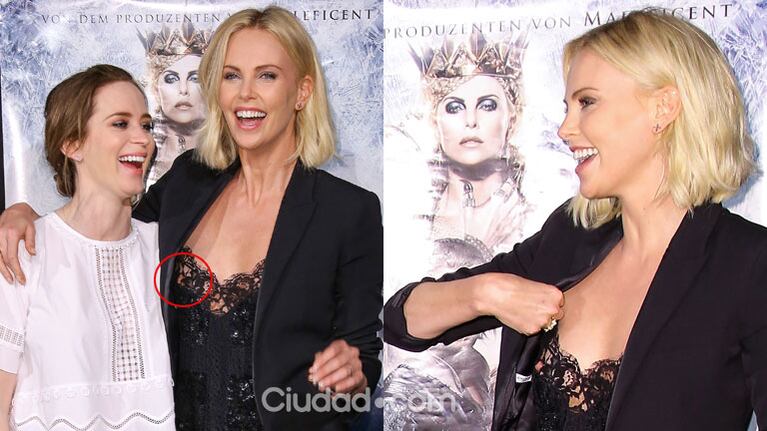 Charlize Theron y su blooper en plena alfombra roja (Fotos: GrosbyGroup). 