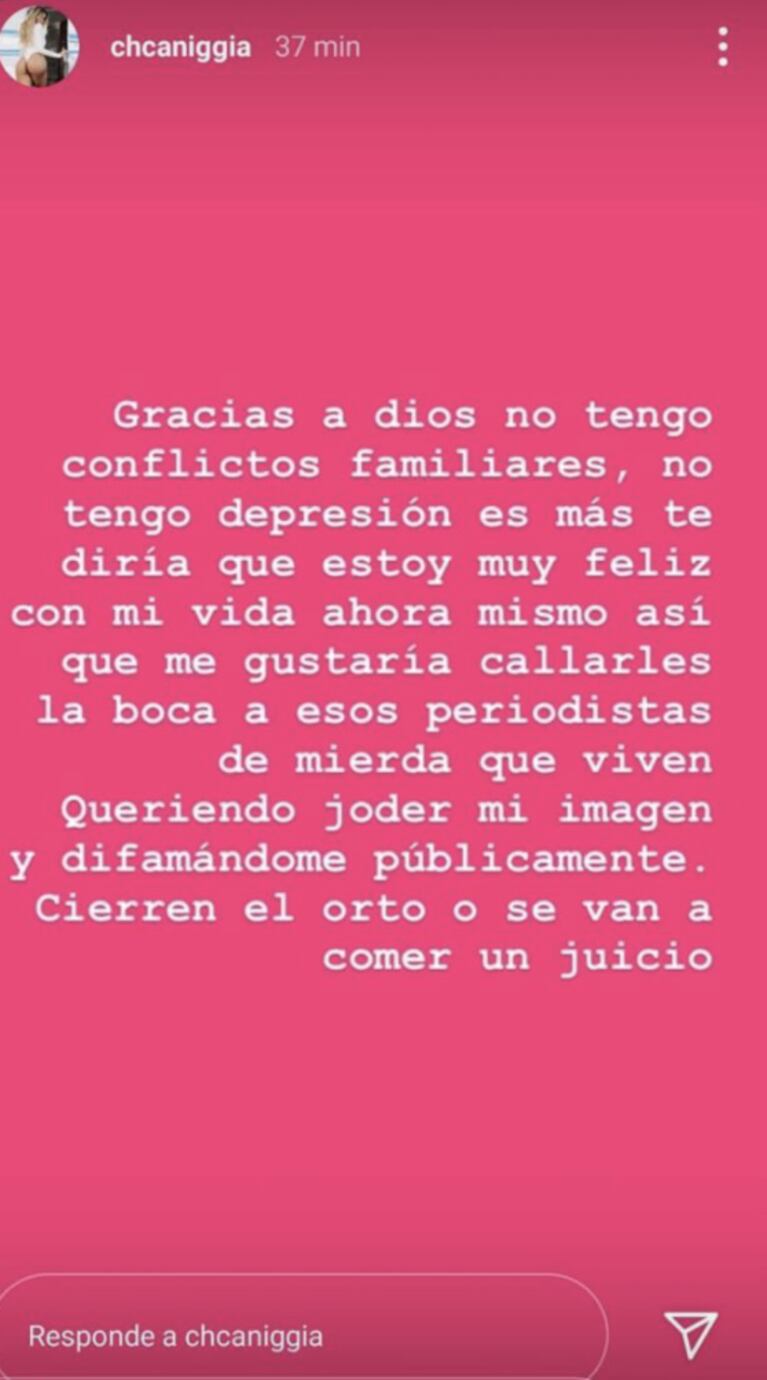 Charlotte Caniggia, furiosa por la versión de una depresión: "Me gustaría callar a esos periodistas de mierd..."