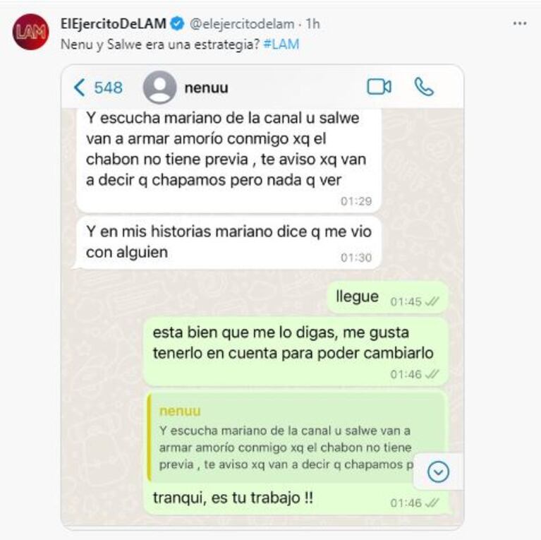 Chat entre Nenu López y un productor de Bailando 2023 (Foto: Twitter @elejercitodeLAM)