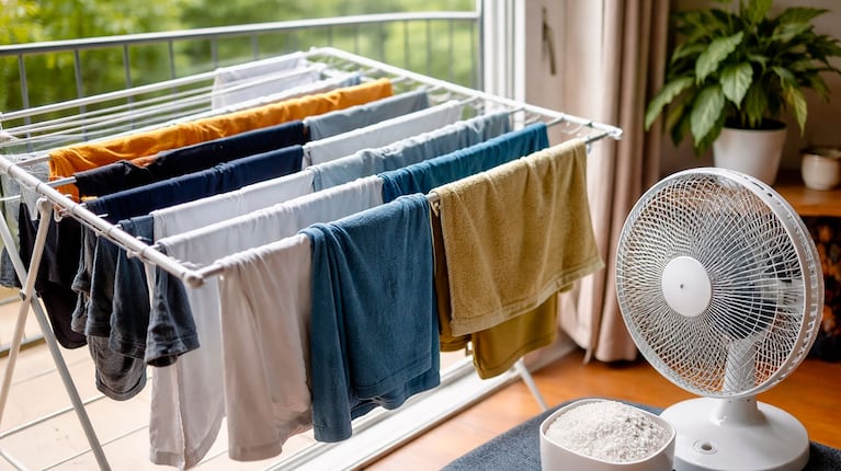 Chau olor a humedad: el truco para secar la ropa en días húmedos (foto creada con IA)