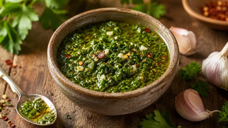 Chimichurri, una de las salsas argentinas más populares. Foto: IA