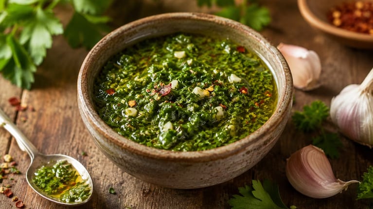 Chimichurri, una de las salsas argentinas más populares. Foto: IA
