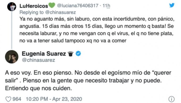 China Suárez angustiada por la extensión de la cuarentena obligatoria: "La gente necesita trabajar y no puede"