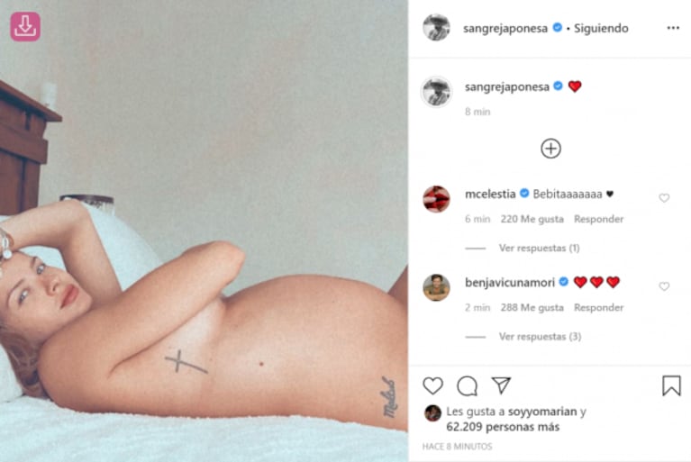 China Suárez confirmó su embarazo de cinco meses con una tierna foto de su enorme panza, desnuda en la cama