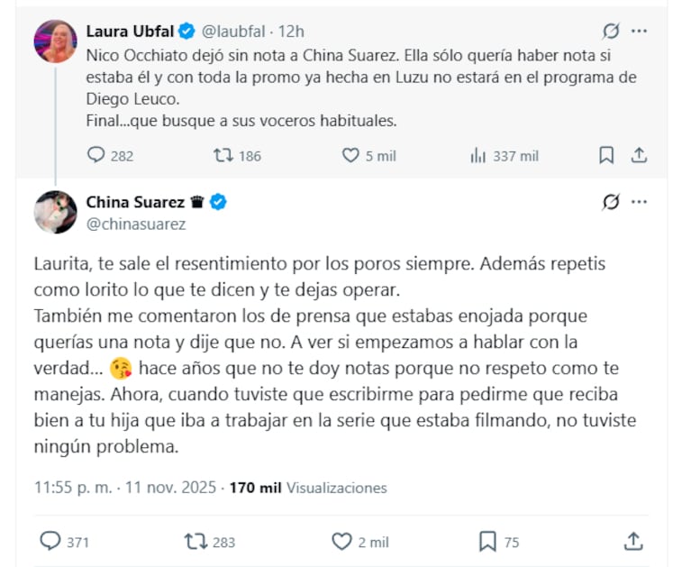 China Suárez cruzó a Laura Ubfal en X