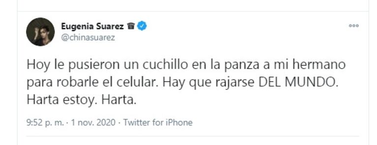 China Suarez impactó con un furioso tweet tras un nuevo episodio de inseguridad: "¡Hay que rajarse del mundo!"