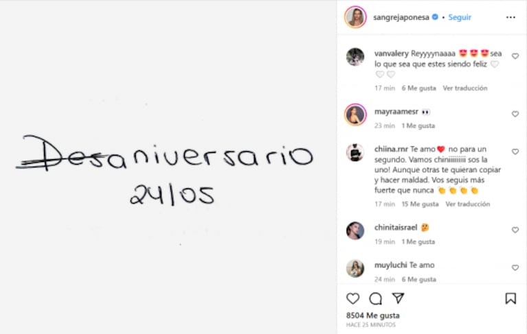 China Suárez le dedicó un tremendo "palito" a su ex Rusherking en Instagram: "Des-aniversario"
