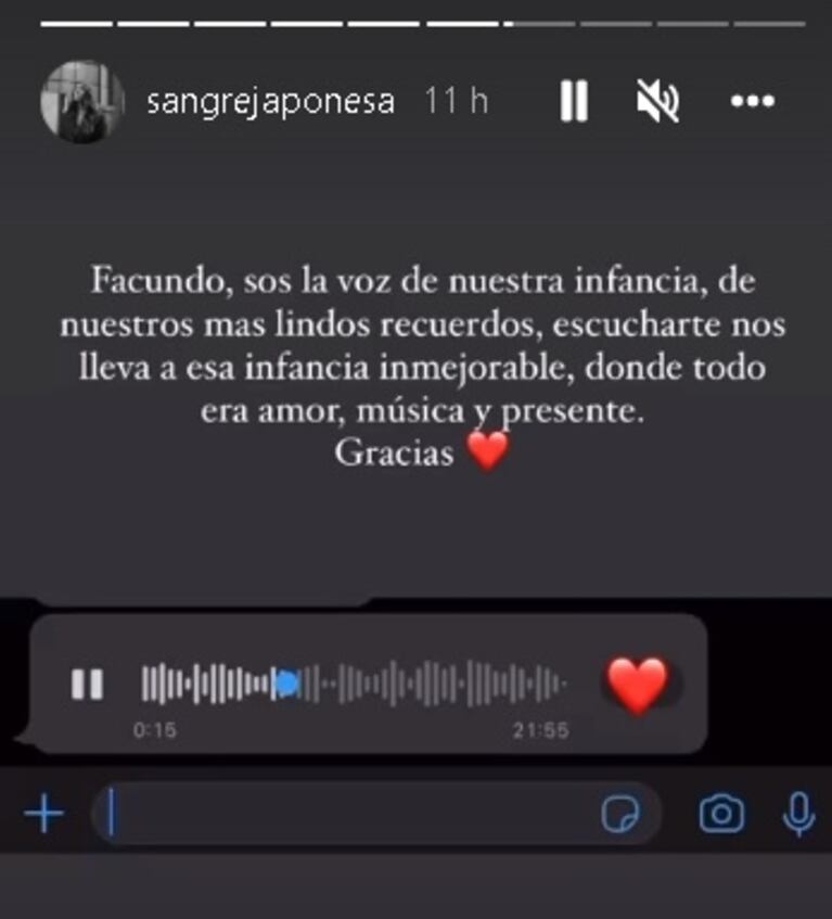 China Suárez quebró en llanto por el audio que Facundo Saravia le mandó a su familia: "Sos la voz de nuestra infancia"