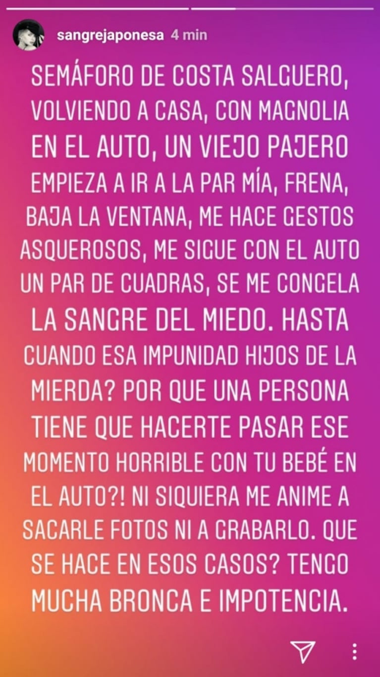 China Suárez relató el mal momento que pasó cuando un hombre la siguió con un auto: "Se me congeló la sangre del miedo"
