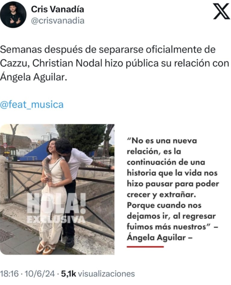 Christian Nodal presentó a su nueva novia a menos de un mes de separarse de Cazzu: la foto juntos