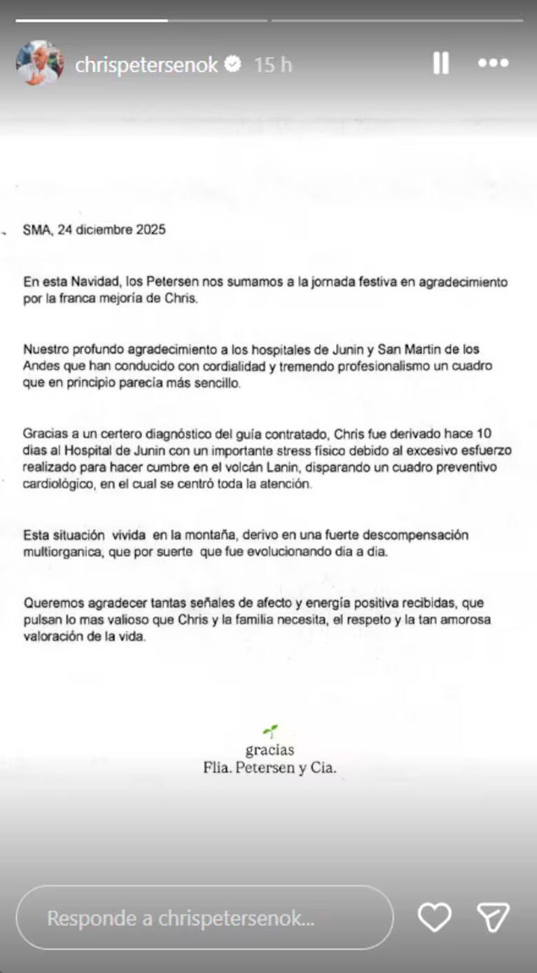 Christian Petersen: parte médico del 24 de diciembre (Instagram)