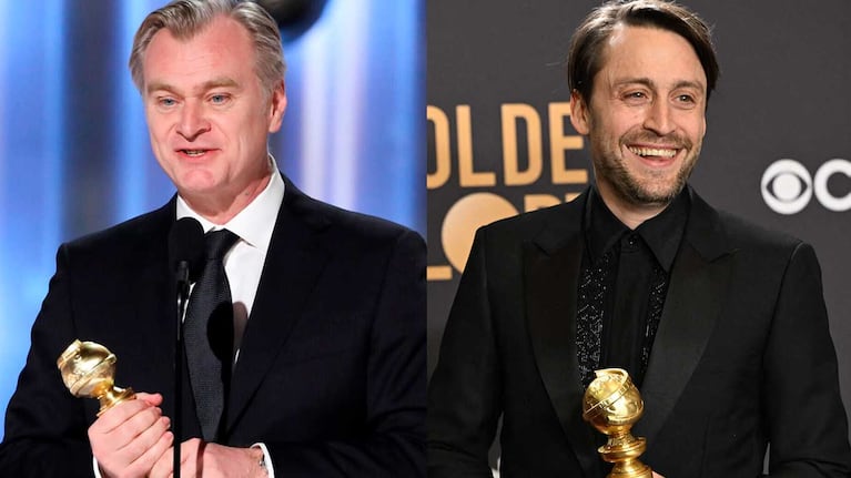 Christopher Nolan y Kieran Culkin, ganadores de los Globos de Oro a Mejor director (Oppenheimer) y Mejor actor (Succession) (Fotos: AP, AFP y Reuter)