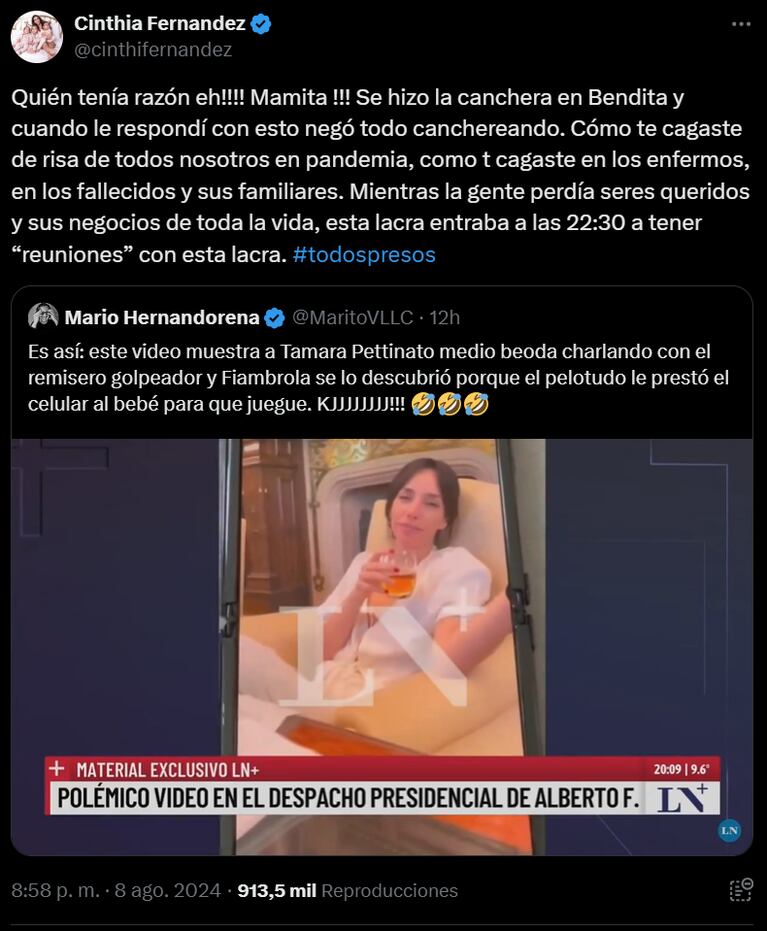 Cinthia apuntó contra Tamara por su encuentro clandestino con Alberto.