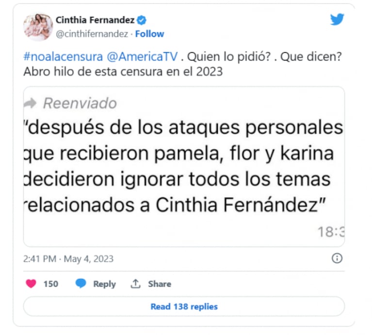 Cinthia Fernández acusó a América de censurarla tras su fuertísimo cruce con Karina Mazzocco