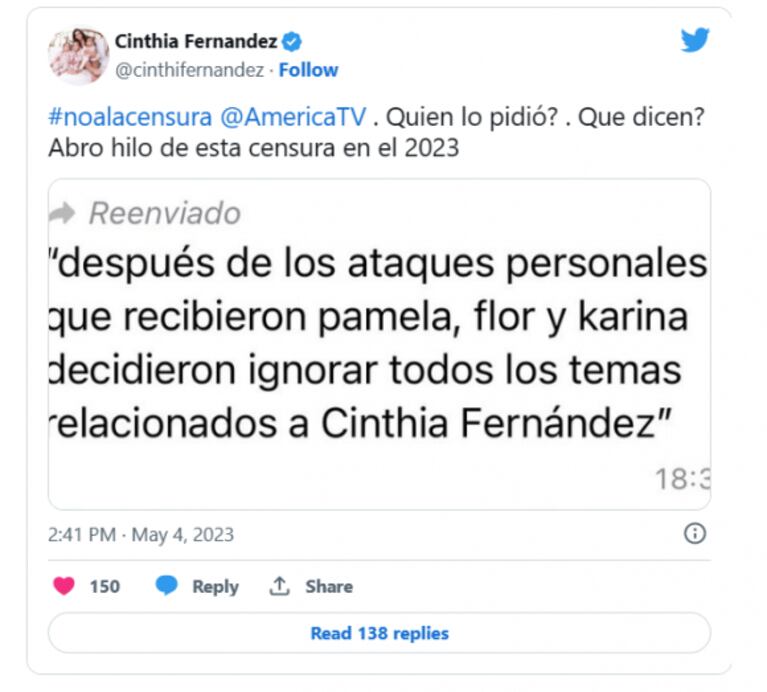 Cinthia Fernández acusó a América de censurarla tras su fuertísimo cruce con Karina Mazzocco