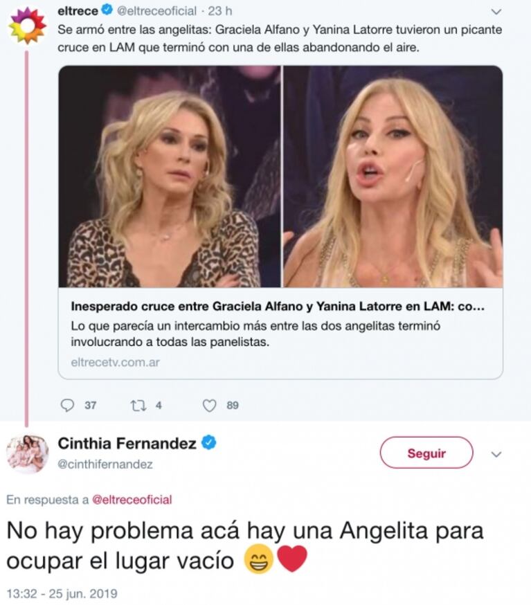 Cinthia Fernández aprovechó un abandono de estudio de Graciela Alfano... ¡y se postuló de vuelta al panel de LAM!