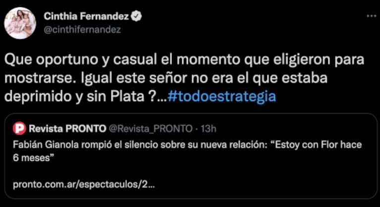 Cinthia Fernández apuntó contra Fabián Gianola tras presentar a su novia: "¿No era que este señor estaba deprimido?"