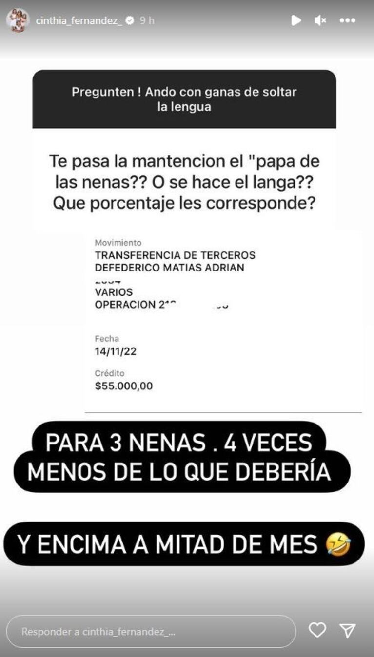 Cinthia Fernández apuntó contra Matías Defederico y reveló la suma que le envió por la cuota alimentaria