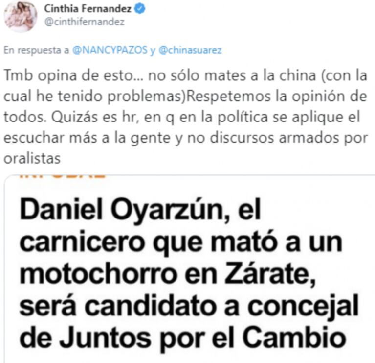 Cinthia Fernández apuntó contra Nancy Pazos y defendió a China Suárez: "Hay que respetar lo que muchos piensan"