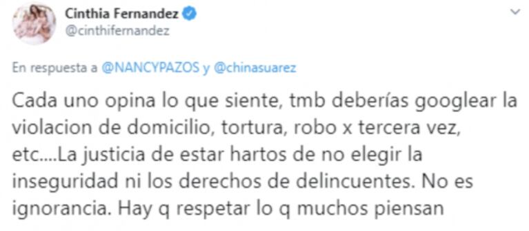 Cinthia Fernández apuntó contra Nancy Pazos y defendió a China Suárez: "Hay que respetar lo que muchos piensan"